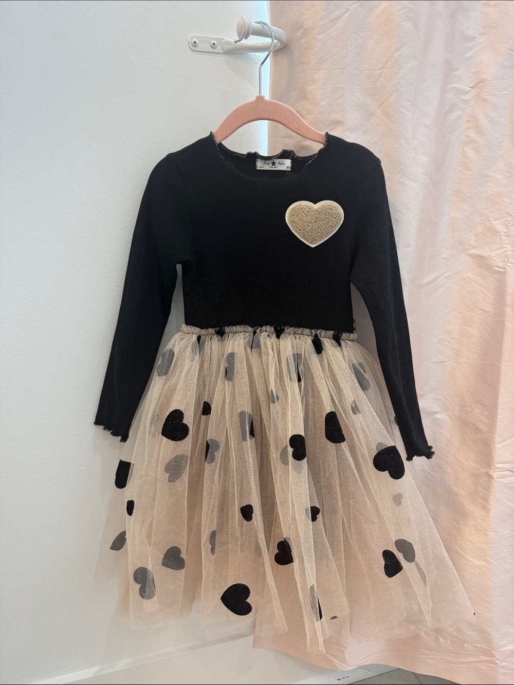 Girls Black Knit Top with Cream Tulle Heart Skirt Dress - Sweet Heart Detail